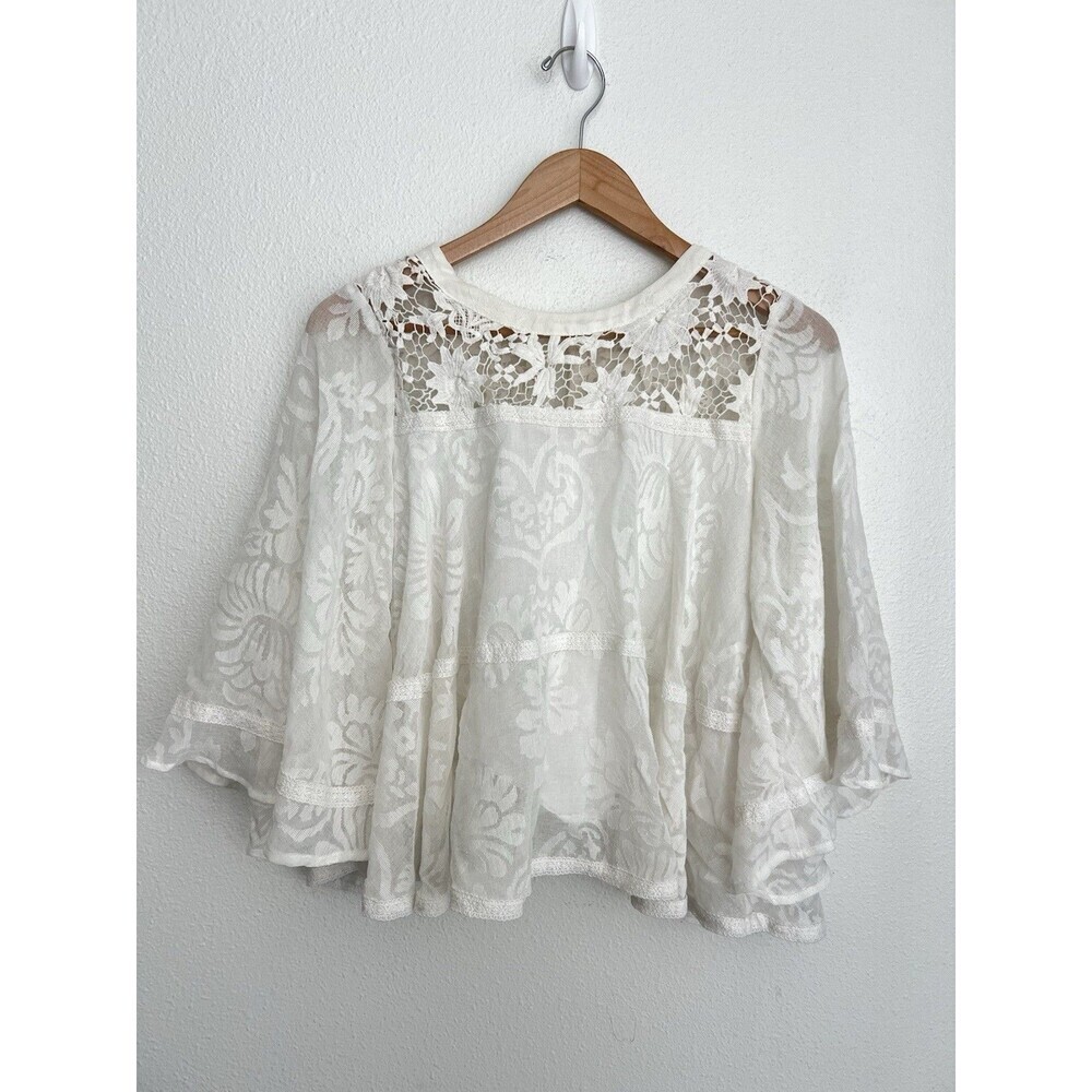 Champagne & Strawberry Floral Blouse Boho Sheer Flowy Lace Top Bell Sleeves L